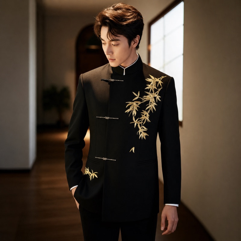 New Chinese-Style Men's Zhongshan Suit for Weddings and Engagements, Groom's Xiuhe Suit, Stand-Up Collar Tang Suit, Embroidered Suit