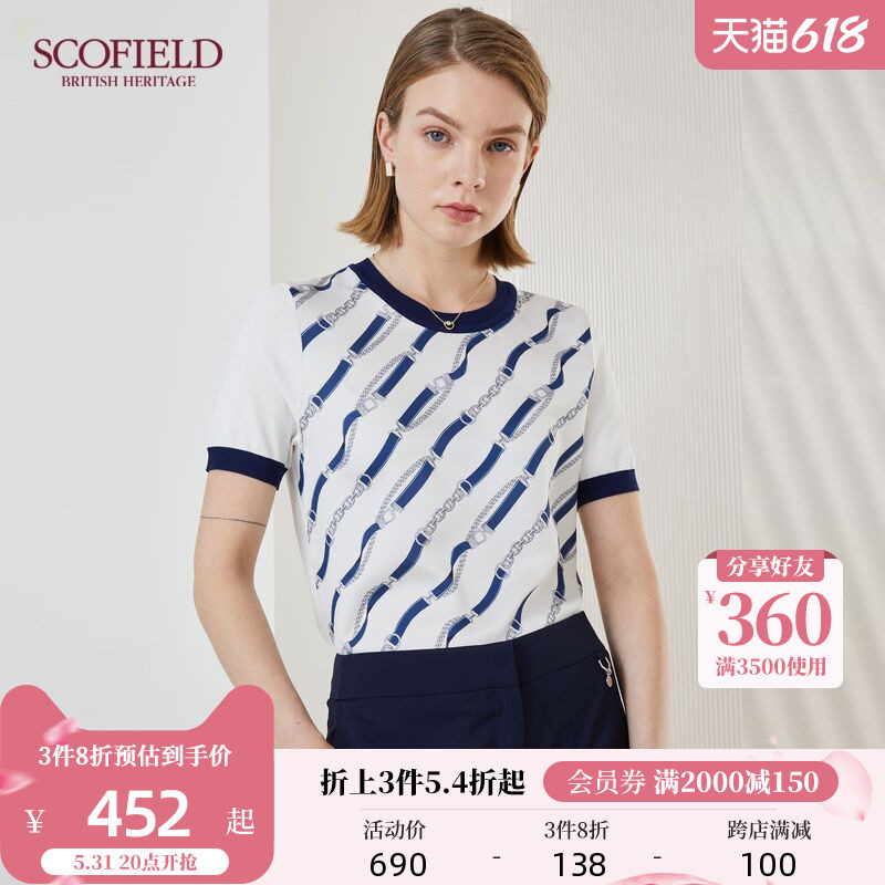 SCOFIELD Women's clothing European and American pop print splicing casual business knit short sleeve T-shirt mall co-payment