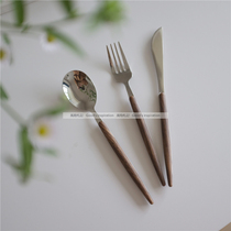 Korean style imitation wooden handle stainless steel knife and fork spoon Western food steak knife and fork fruit metal spoon Fork student