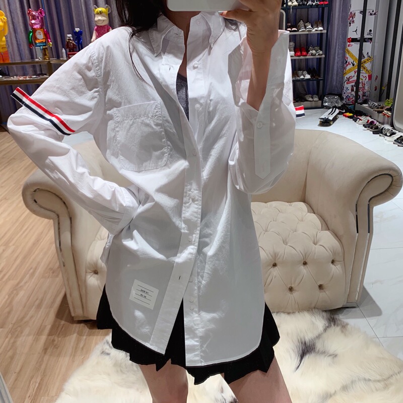 Tb Poplin Shirt with Double Armbands, Red, White, and Blue Webbing, Pure White Couple's Thin Long-Sleeved Shirt, Sun Protection Shirt, Jacket Tb Poplin Shirt with Double Armbands, Red, White, and Blue Webbing, Pure White Couple's Thin Long-Sleeved Shirt, Sun Protection Shirt, Jacket