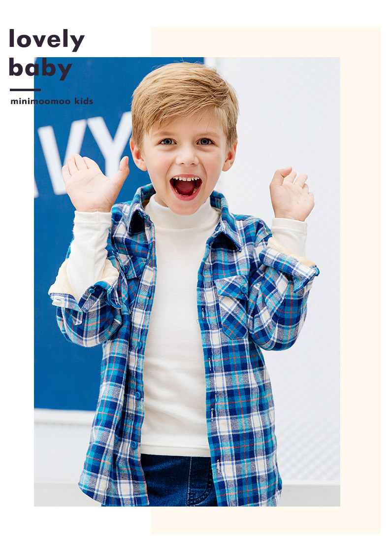 Moomoo trẻ em mặc áo sơ mi nam trẻ em cộng với áo nhung trong áo sơ mi dài tay kẻ sọc flannel trẻ em áo sơ mi trẻ em nữ đẹp