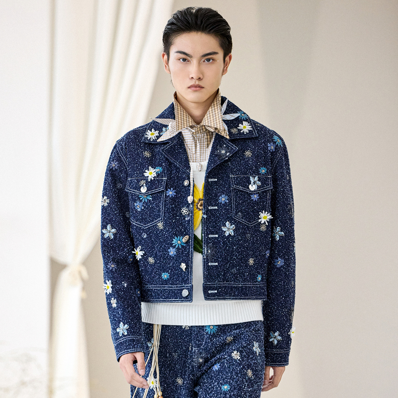 Huayu Heavy Embroidery Vintage Cuban Collar Sequin Flower Denim Short Jacket, Original Design by Valley Youth
