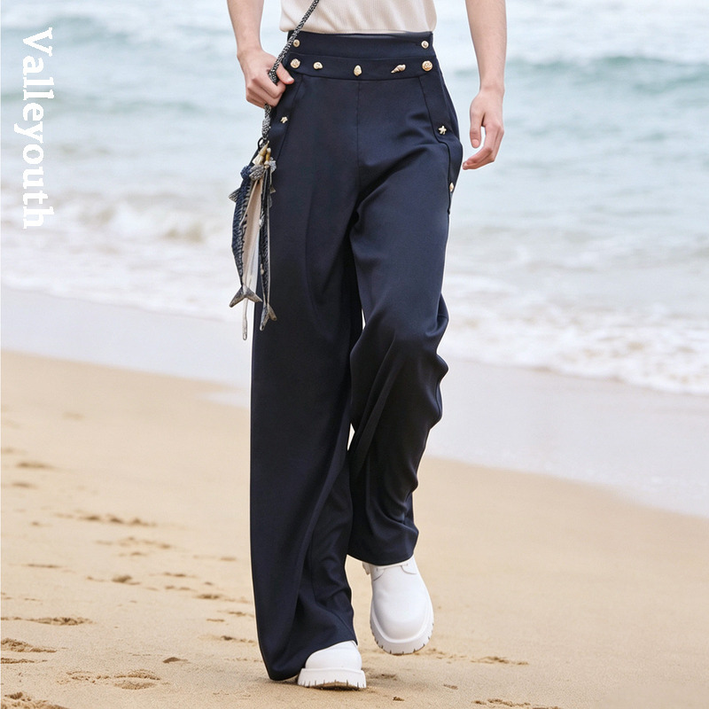 Lanchuan Retro Navy Versatile Vacation Style Deck Wool Straight-Leg Trousers, Original Design by Valley Youth