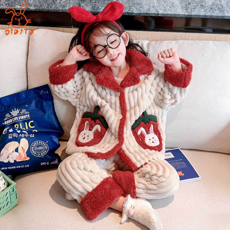 Children's pajamas Girls autumn and winter coral velvet plus velvet thickened flannel home clothes Baby children's suit