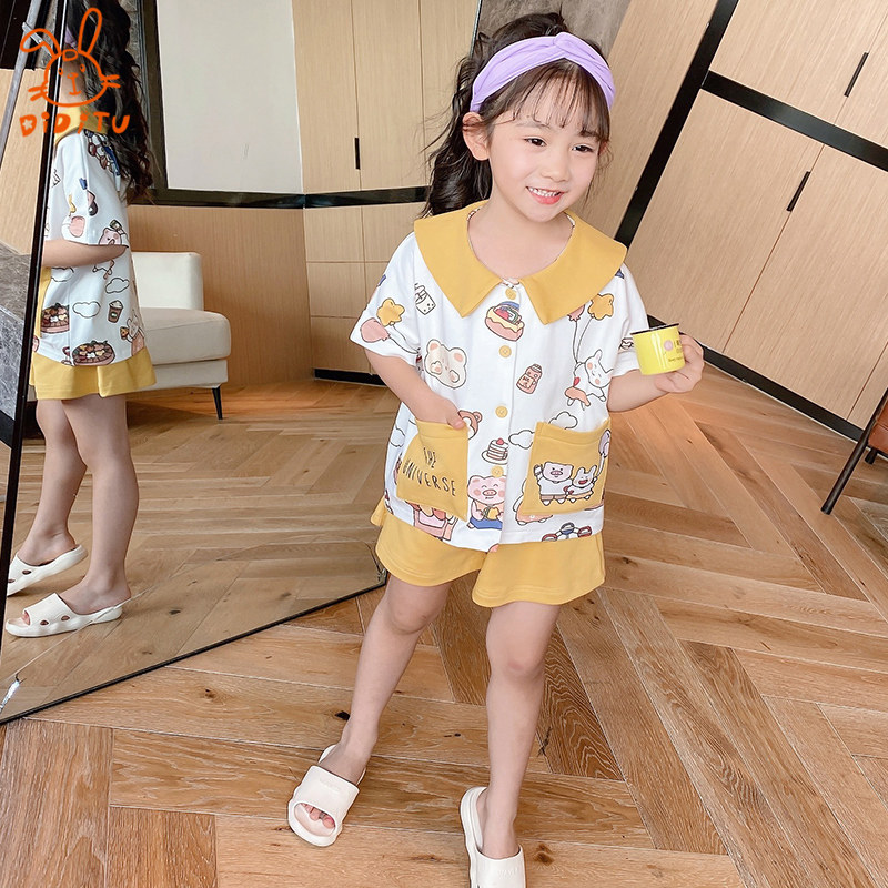 Girl Sleepwear Summer Short Sleeve Pure Cotton Suit Cute Princess Sweet girl CUHK Baby Boy Home Conserved Thin