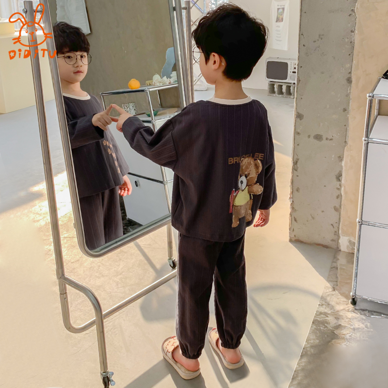 Children's Pyjamas Boy Spring Autumn Season Pure Cotton Long Sleeve Suit Cartoon Boy CUHK Child Thin and Round Collar Home Clothes