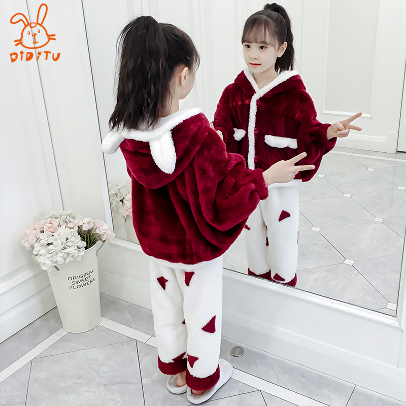 Children Coral Suede Pyjamas Girls Autumn Winter Thickening of Flannel Suede Big Boy Warm Baby Home Suit Suit