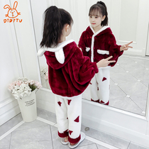 Childrens coral velvet pajamas girls autumn and winter thickened flannel middle children warm baby home clothing set