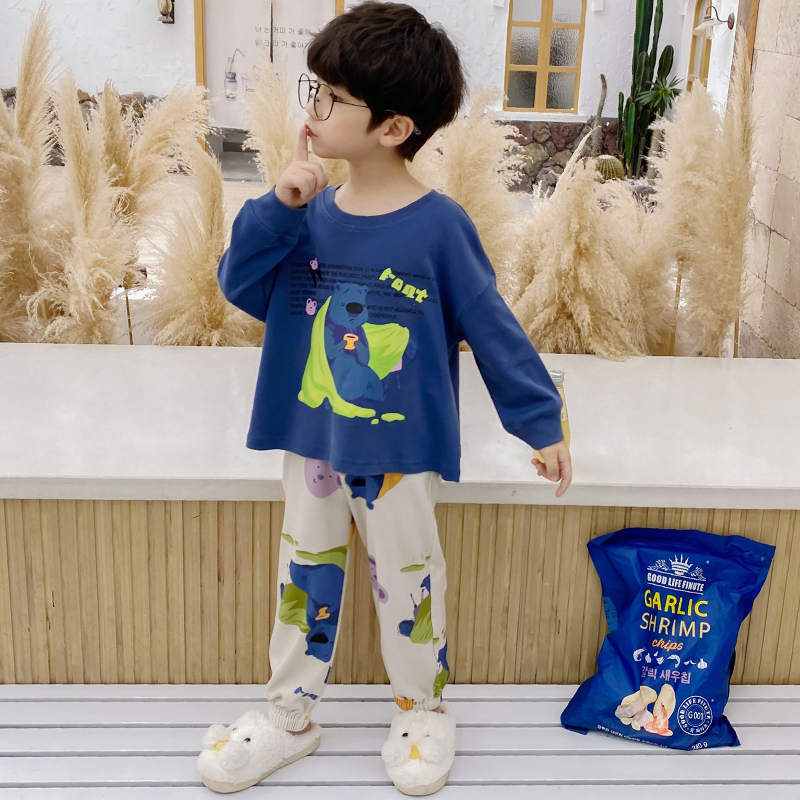 Boys pajamas spring and autumn cotton long-sleeved suit thin cute cartoon baby middle-aged children's round neck home clothes