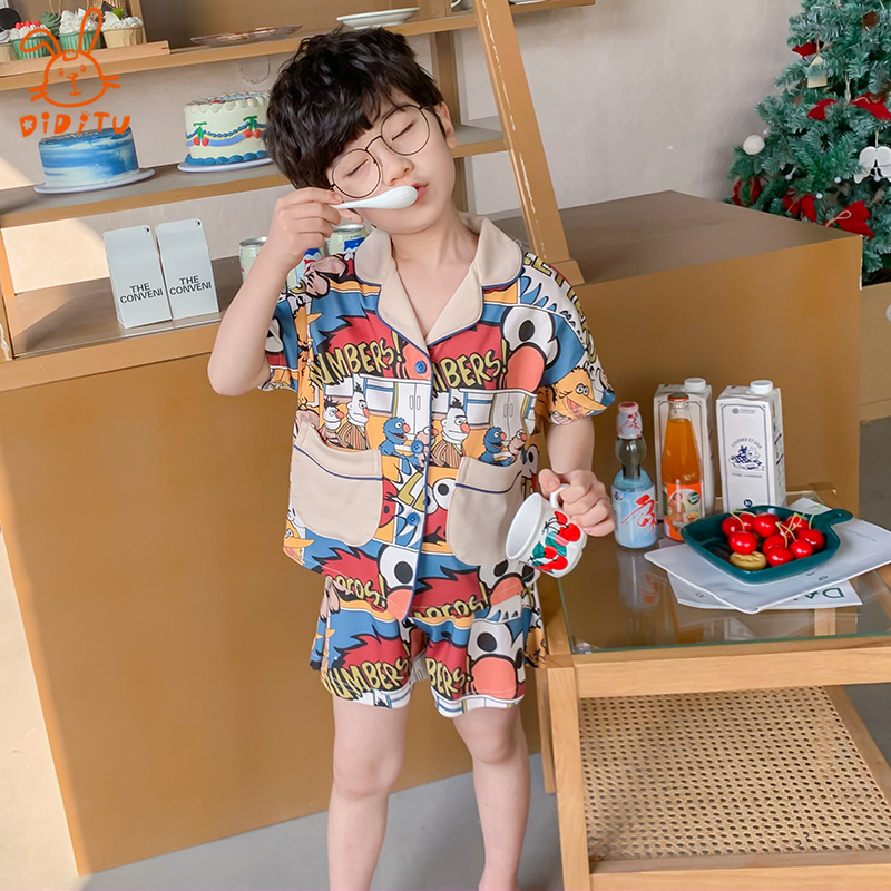 Baby Sleepwear Summer Short Sleeve Thin PURE COTTON BOY TWO SETS CUTE CARTOON FULL COTTON CHILDREN'S HOME SUIT SUIT