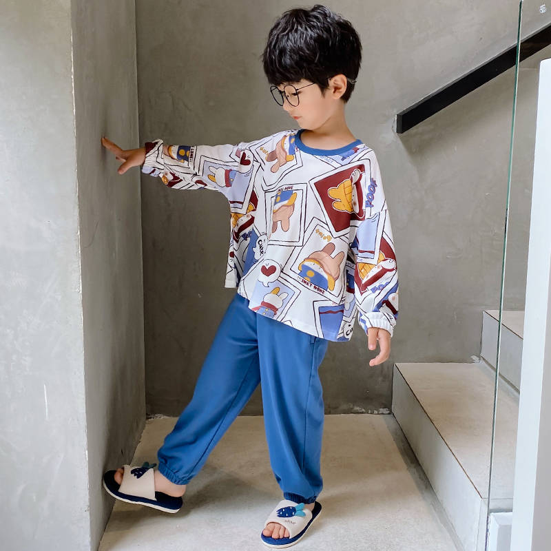 Male Treasure Spring Autumn Pure Cotton Children Sleeping Clothes Cute Cartoon Boy Big Boy Long Sleeve Round Collar Home Suit Suit