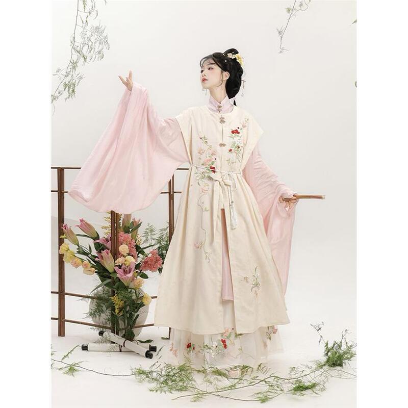 Qingmuge Camellia Original Ming-Style Hanfu Spring/Summer New Long Shoulder-Covering Jacket Round Neck Embroidered Hanfu Set Qingmuge Camellia Original Ming-Style Hanfu Spring/Summer New Long Shoulder-Covering Jacket Round Neck Embroidered Hanfu Set