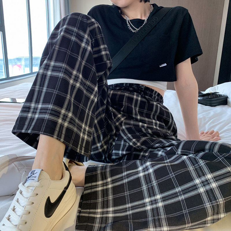 Net Red Day Ensemble Black And White Plaid Pants Woman Summer Thinness High Waist Loose Straight Drum Retro Little Subbroadlegged Pants