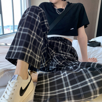 Net red day black and white lattice pants womens summer thin high waist loose straight tube retro small big leg pants