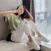 Ice silk sweatpants women Summer thin 2021 new white loose toe high waist embroidered casual pants