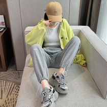 American sports pants womens spring and autumn loose straight tube high waist drawstring long pants bunch feet small gray pants