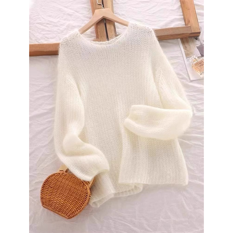 White Hollow-Out Mohair Knit Sweater for Women, Early Autumn, Lazy Style, Thin Pullover Top, Loose and Soft Inner Layer