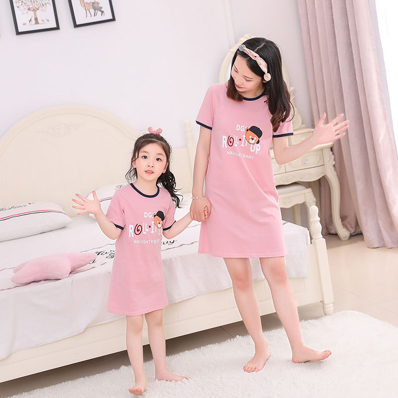 Cô gái bông ngủ váy mẹ con bé công chúa mỏng váy cô gái mẹ và con gái váy childrens ngắn tay váy pajama