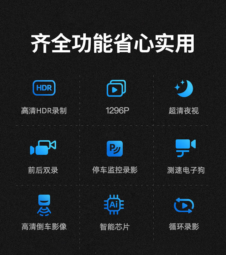 Driving Recorder with Dual Front and Rear Cameras, High Night Vision, Reversing Image, 5 New Features, Wire-Free Parking Monitoring, Intelligent Night Vision