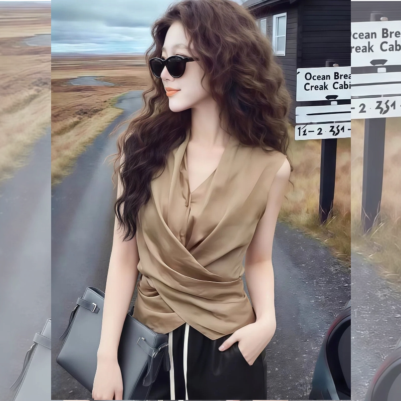 V-Neck Sleeveless Linen Shirt for Women 2026 New Summer Design Waist-Cinching Slimming French-Style Top