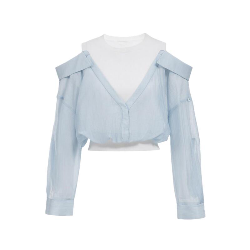 2026 Spring New Style Elegant Off-Shoulder Knitted Patchwork Top Casual Shirt Fake Two-Piece Top for Women