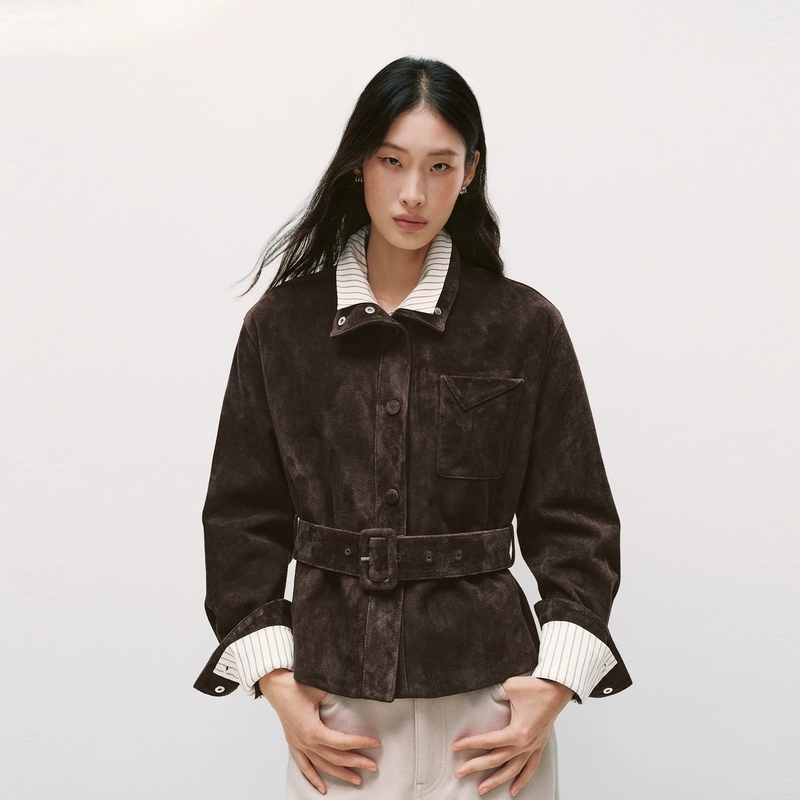 Same Style as in the Mall, Chocolate Leather Jacket, 2026 Autumn New Suede High-Waisted Short Coat for Women A1Bdg4114