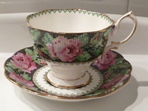 British Royal Albert black cross embroidered patterned bone porcelain coffee cup two sets reservee