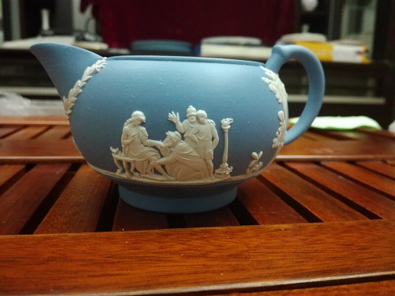 British Wedgwood blue Beyjade embossed milk jars reserve