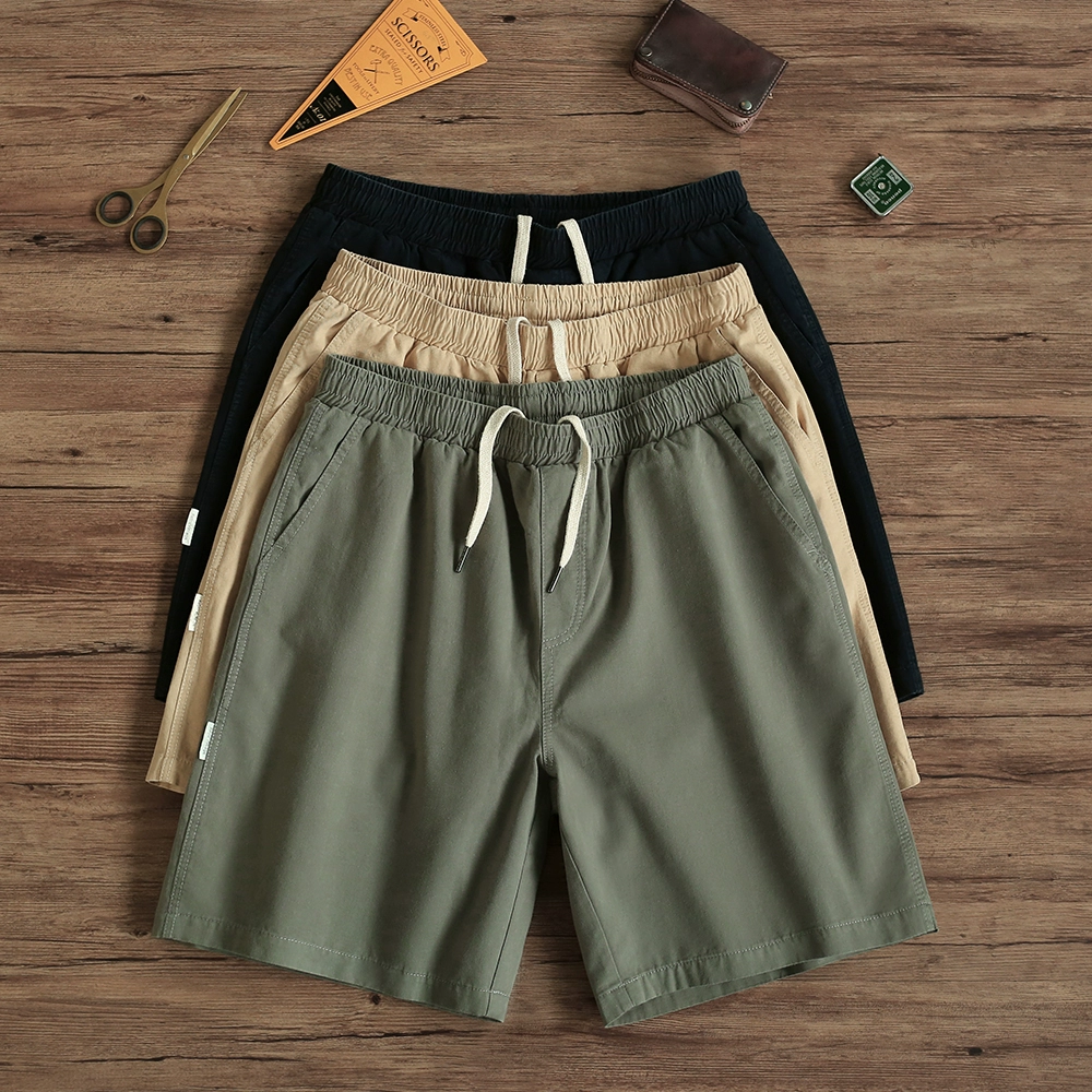 SOYISU mùa hè quần năm điểm tự làm American kaki retro overalls quần cotton dây rút giản dị quần short nam - Quần làm việc