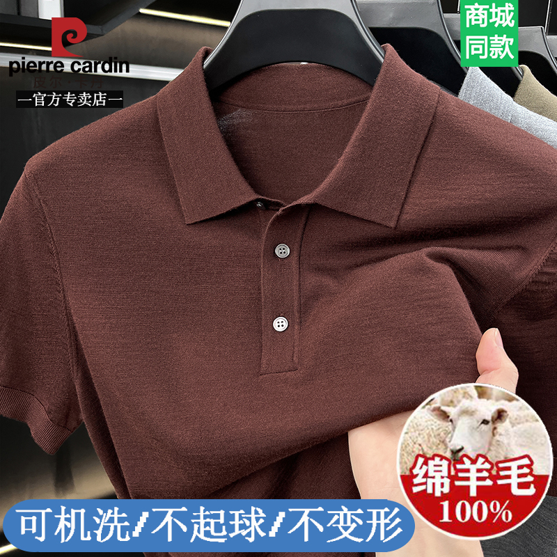 Pierre Cardin High-End New Machine-Washable T-Shirt for Men, Summer Thin Short-Sleeve Fine-Spun Merino Wool Sweater with a Turn-Down Collar