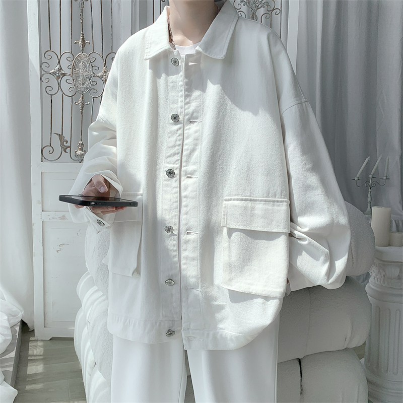 Autumn Men's White Denim Jacket Trendy Loose Spring and Autumn Style Couple Casual Workwear Cardigan Baseball Jacket