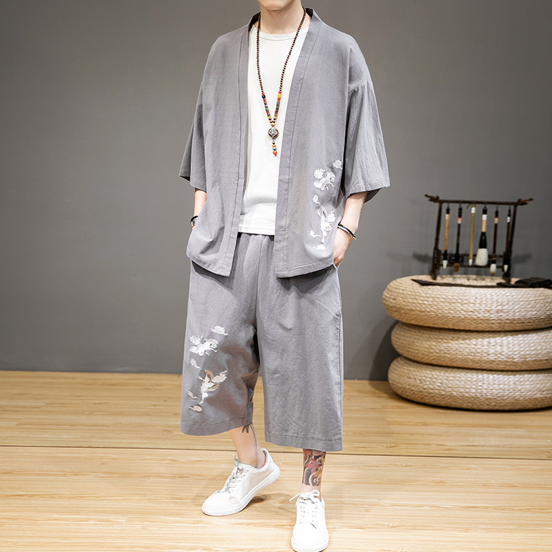 phù hợp với quần áo theo phong cách Trung Quốc cổ tích phong cách cũ của nam giới Trung Quốc Tang nam thêu cardigan cardigan hai mảnh bộ thủy triều