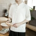 Mùa hè 2019 mới phong cách Trung Quốc quần áo nam thêu retro áo thun ngắn tay cotton và vải lanh năm điểm tay áo lanh một nửa tay áo - Áo phông dài Áo phông dài
