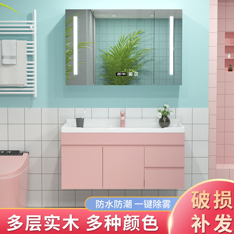 Solid wood colour bath room cabinet Composition modern smart mirror cabinet light and luxurious make-up room integrated washout washbasin washing table