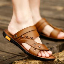 Summer mens genuine leather sandals mens hoody and casual leather slippers for men outside wearing trendy anti-slip beach shoes