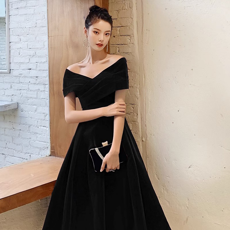 Black Slimming Evening Dress for Women 2025 Summer Plus Size Off-Shoulder Long Banquet Elegant Long Annual Meeting Dress