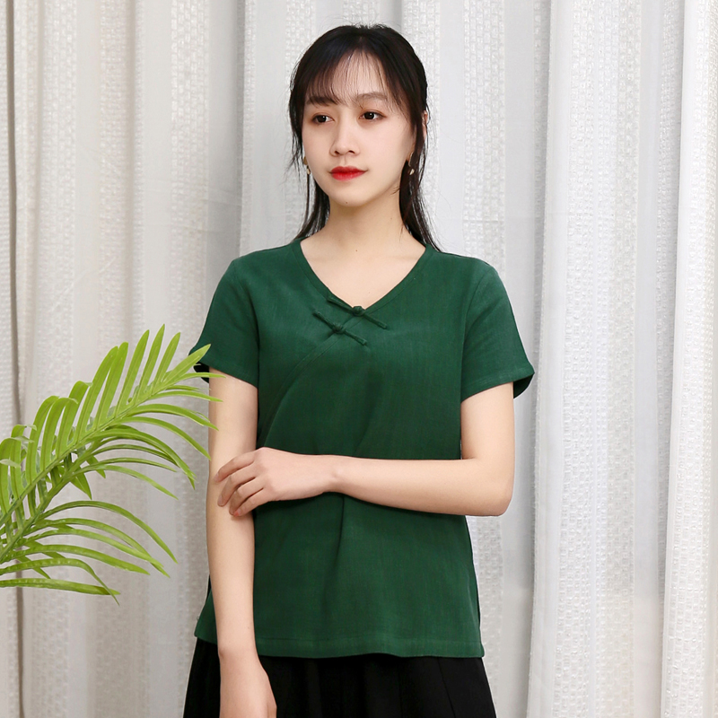 Summer Vintage khóa top nữ Trung Quốc người đàn ông phù hợp với gió đầu bông và Trung Quốc Tang váy lỏng ngắn tay mặc Zen của phụ nữ