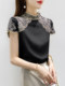 Heavy industry embroidery black short-sleeved heavy silk shirt women's 2023 summer new retro stand-up collar mulberry silk top