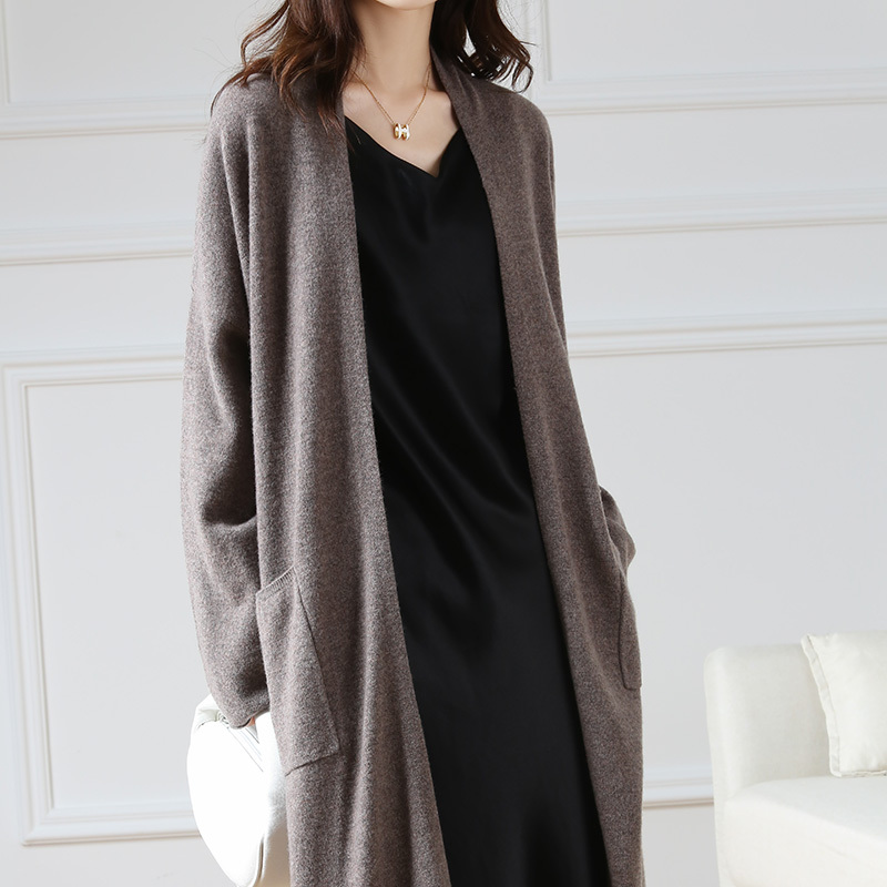 Lazy Style Over-The-Knee Long Pure Wool Cardigan with Pockets Women's Sweater Coat Autumn and Winter Loose Knitted Coat