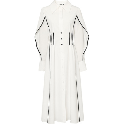 2021春季欧美时尚气质优雅荷叶袖褶裥收腰显瘦大摆连衣裙polo领