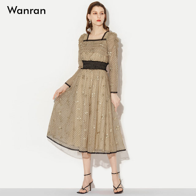 2024 ພາກຮຽນ spring ໃຫມ່ຝຣັ່ງ Retro Mesh Polka Dot Skirt ຍາວ Waist Swing Dress Square Neck Design Skirt