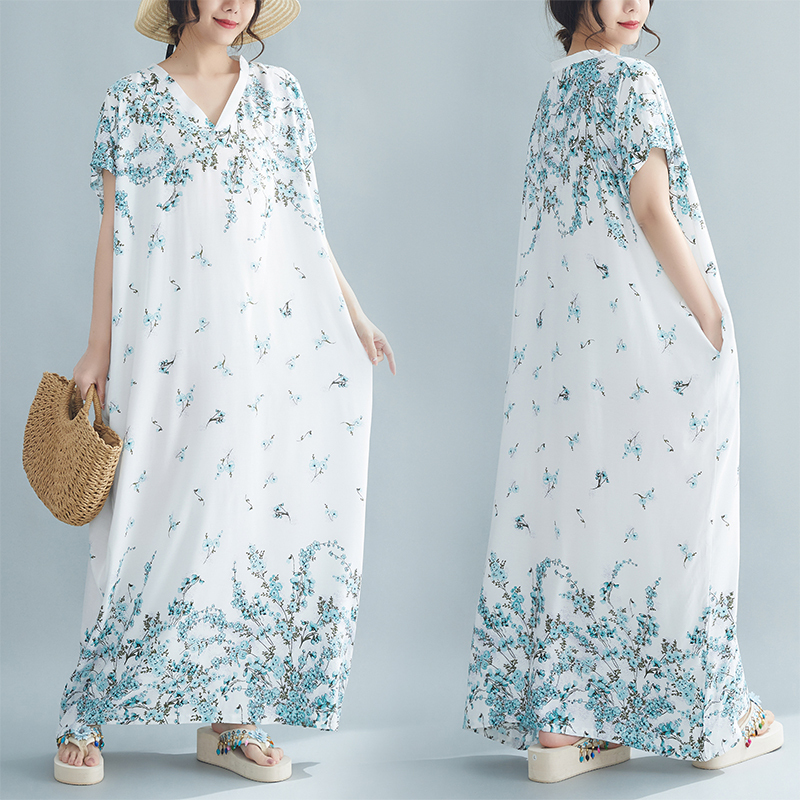2024 Summer New Style Fresh Cotton Silk Printed Bohemian Robe Dress V-Neck Over-The-Knee Long Skirt Genuine