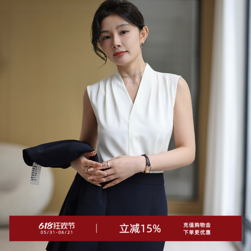 Summer Ol White Suit with Inner Shirt for Women, Professional Style, Sleeveless V-Neck Satin Shirt, Commuter Blouse Top