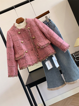 Welfare winter middle and large childrens clothing tassel raw edge double-breasted small fragrant style tweed plaid down woolen jacket