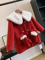 Welfare childrens clothing winter girls one-piece velvet thickened warm fur collar mid-length red woolen coat
