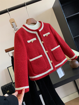 Welfare girls eldest childrens winter French lady-edged small fragrant style down lining red woolen coat jacket