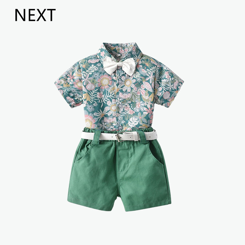 UK NEXT Kids Baby Boys Summer Suit Boys British Style Bow Tie Fashion Handsome Floral Clothes Kids