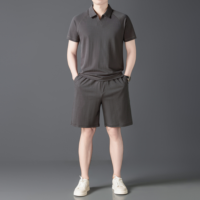 Linen Lyocell Thin Two-Piece Set for Men, Summer National Style Seagull Collar Short-Sleeved T-Shirt and Shorts, Linen Casual Suit