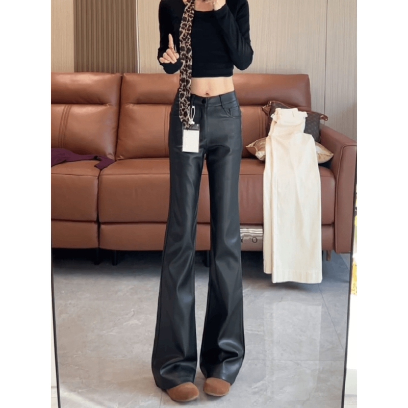 Plus-Size Black Pu Leather Casual Pants for Women, Autumn High-Waisted Loose Straight-Leg Pants, American Retro Leather Wide-Leg Long Pants Plus-Size Black Pu Leather Casual Pants for Women, Autumn High-Waisted Loose Straight-Leg Pants, American Retro Leather Wide-Leg Long Pants