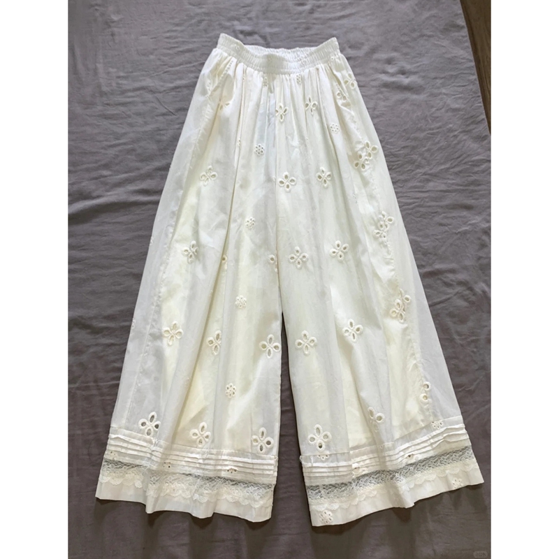 Plus Size Lace Hollow Embroidery White High-Waisted Wide-Leg Straight Pants for Women, Korean Style Loose Spring Casual Trousers Plus Size Lace Hollow Embroidery White High-Waisted Wide-Leg Straight Pants for Women, Korean Style Loose Spring Casual Trousers